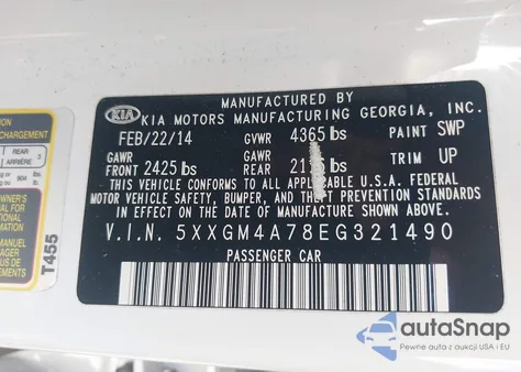 2014 Kia Optima Lx из США, поврежденный, VIN 5XXGM4A78EG321490